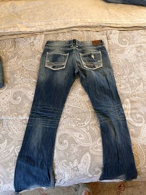 BKE Women's Blue Flare Jeans with Contrast Pocket Stitching